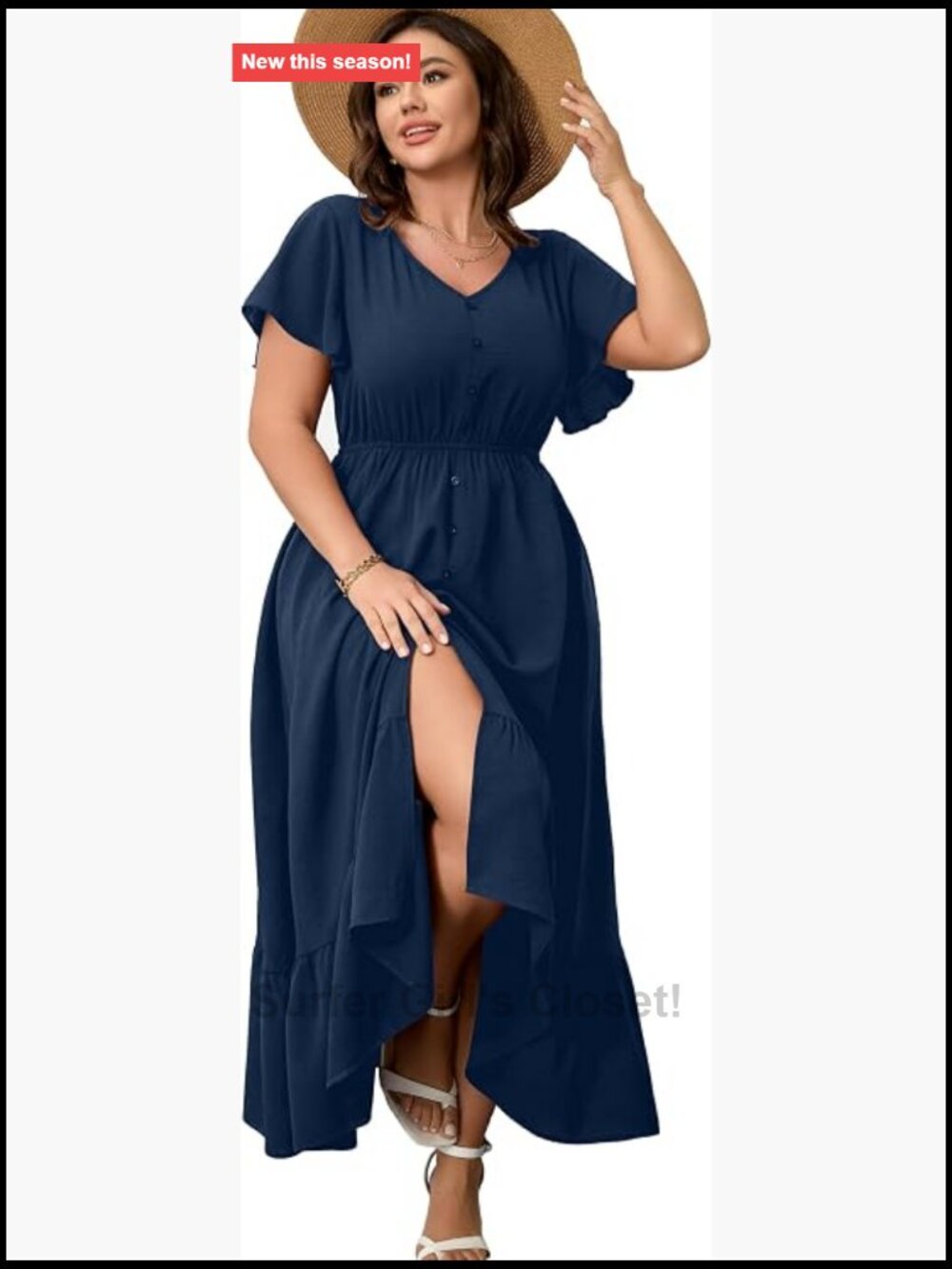 Plus Size Maxi Dress V Neck Short Sleeve Button Trim Split Flowey